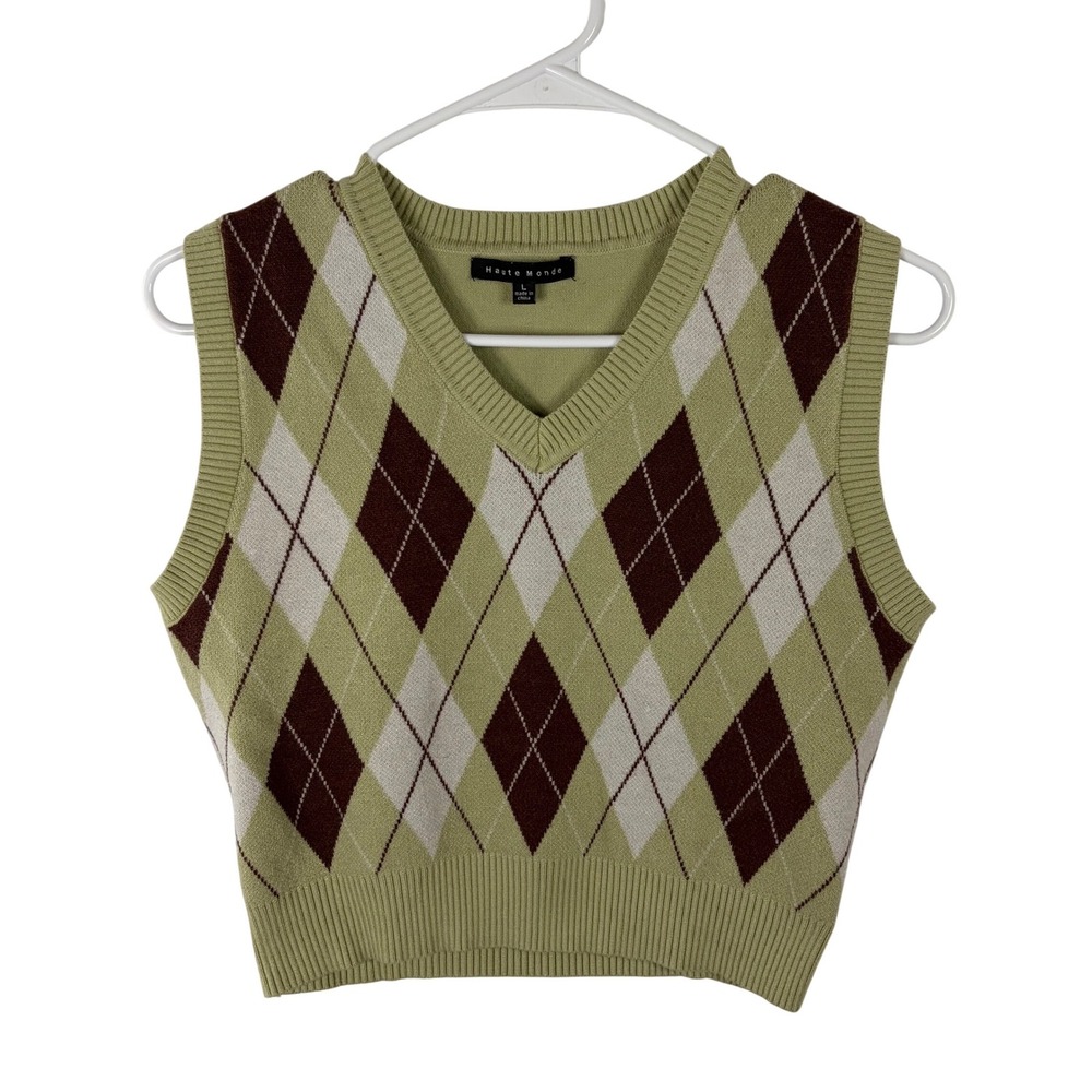 Haute Monde Green Argyle Sweater Vest V-Neck Cropped Knit Womens Top Large